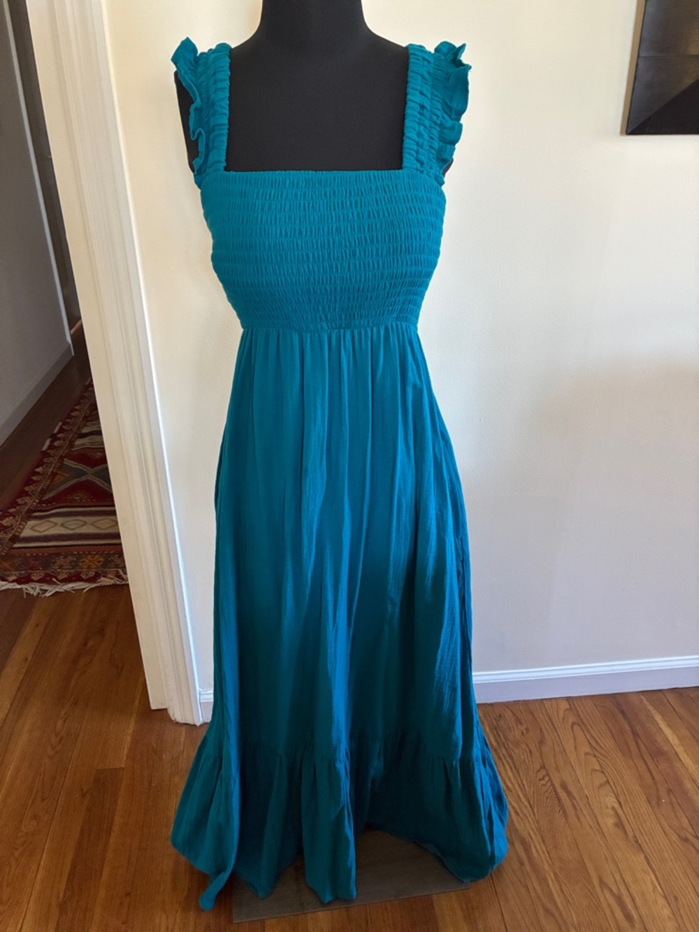 Smocked Ruffle Strap Maxi Dress in Teal Small